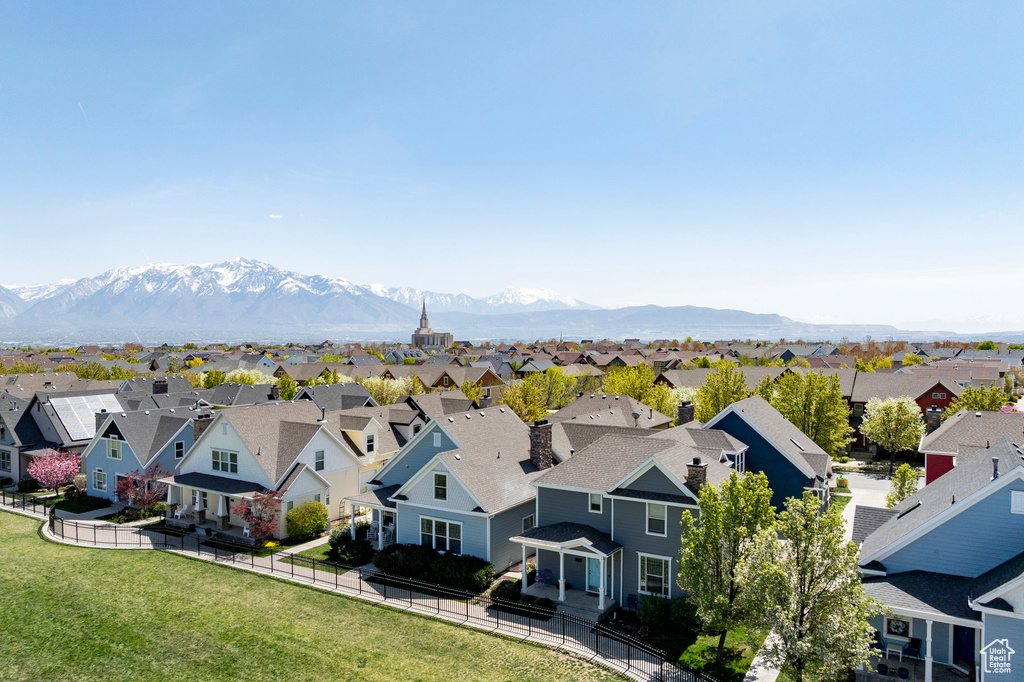 Birds eye view of property with a mountain view and a residential view
