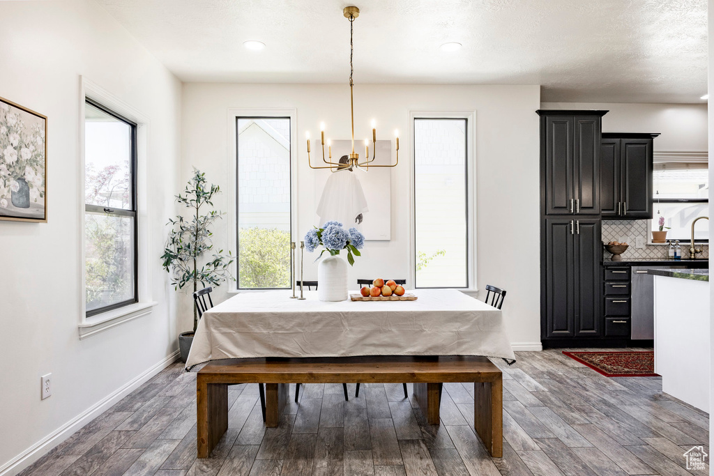 Dining room featuring baseboards, wood finished floors, a wealth of natural light, and a notable chandelier