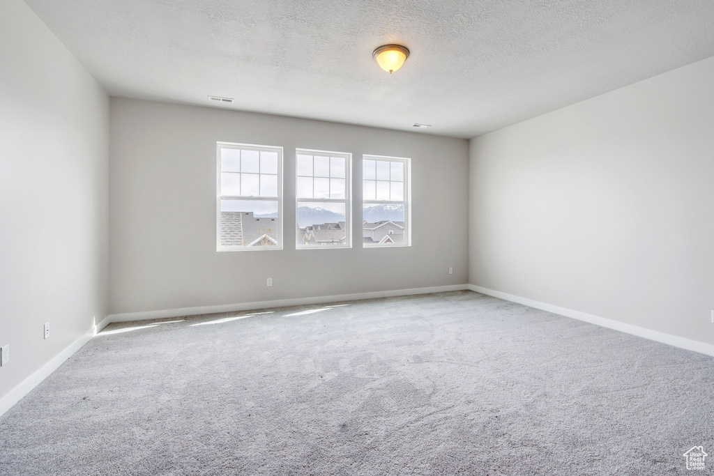 Carpeted empty room with baseboards and a textured ceiling