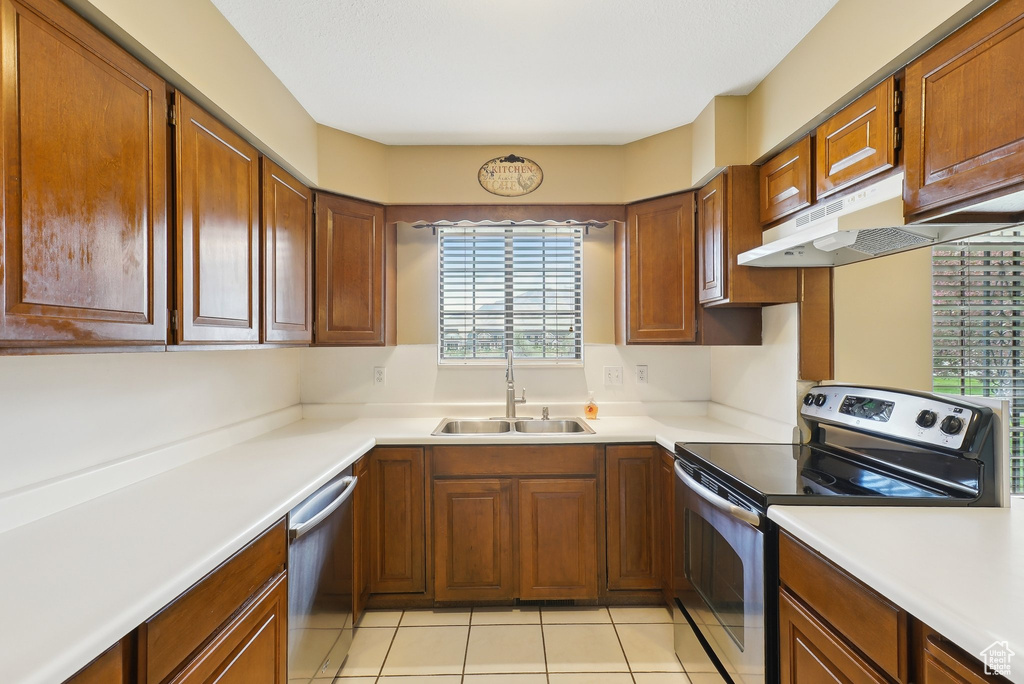 Kitchen featuring a sink, under cabinet range hood, a wealth of natural light, and stainless steel appliances