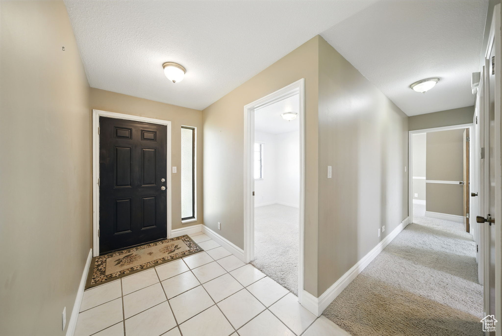 Foyer with baseboards, light carpet, and light tile patterned flooring