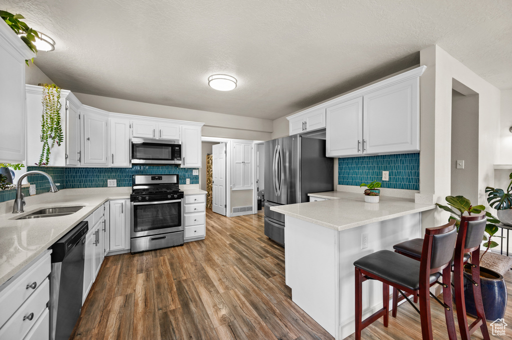 Kitchen with stainless steel appliances, a peninsula, a sink, tasteful backsplash, and light countertops