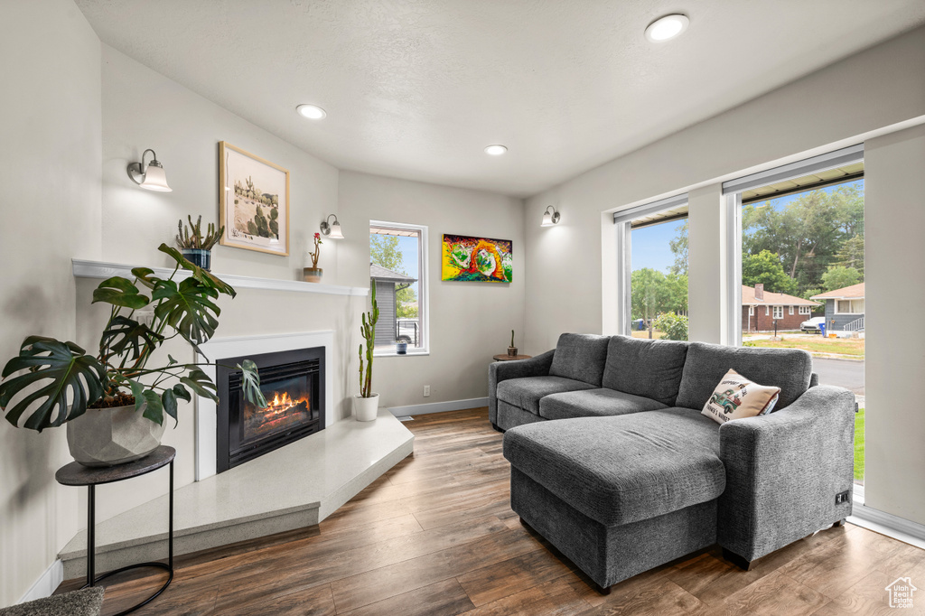 Living room with a healthy amount of sunlight, a glass covered fireplace, and wood finished floors