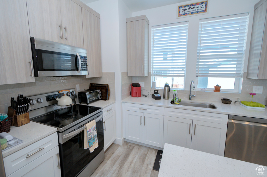 Kitchen featuring light wood finished floors, stainless steel appliances, light countertops, a sink, and tasteful backsplash