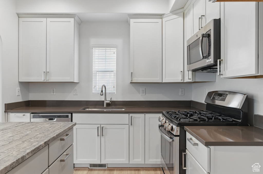 Kitchen with white cabinets, visible vents, stainless steel appliances, and a sink