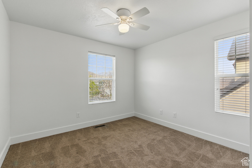 Carpeted spare room with a wealth of natural light, a ceiling fan, and baseboards