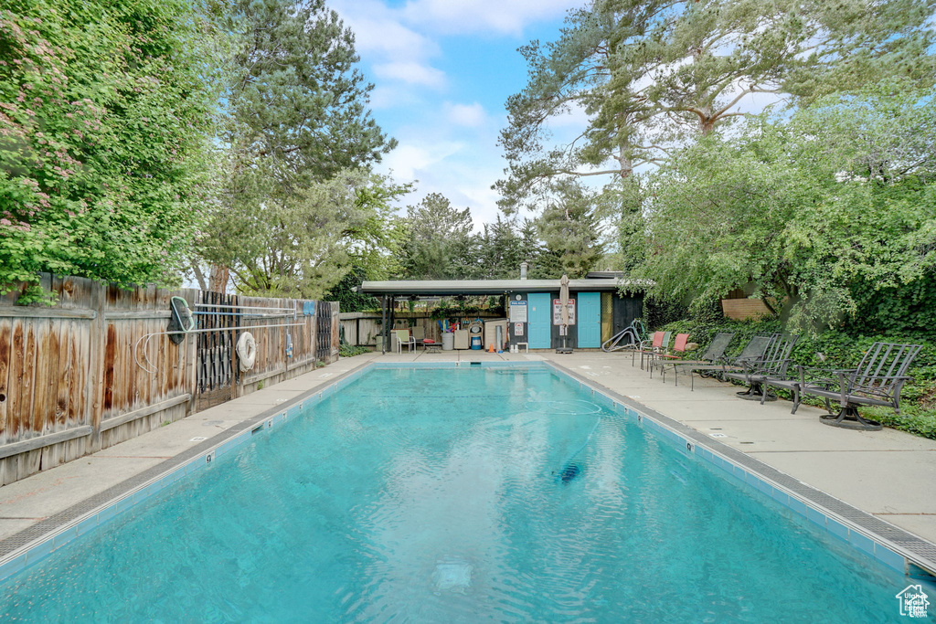 Pool featuring a patio area and fence