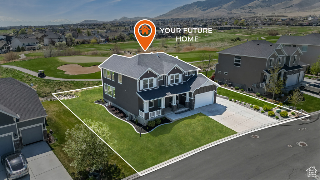 Birds eye view of property featuring a residential view, golf course view, and a mountain view