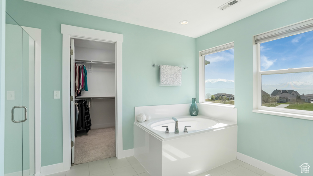 Full bathroom featuring a bath, a spacious closet, baseboards, and visible vents