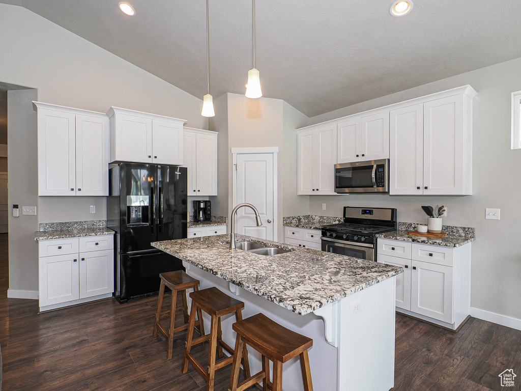 Kitchen featuring vaulted ceiling, a sink, appliances with stainless steel finishes, white cabinetry, and dark wood-type flooring