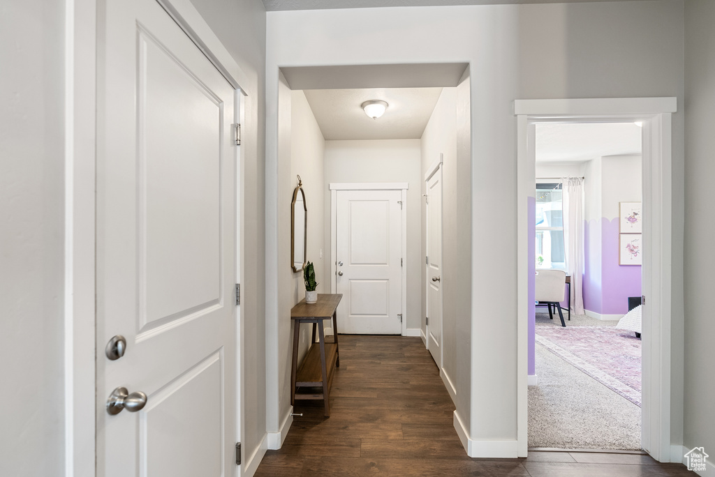 Hallway with baseboards and dark wood-style floors