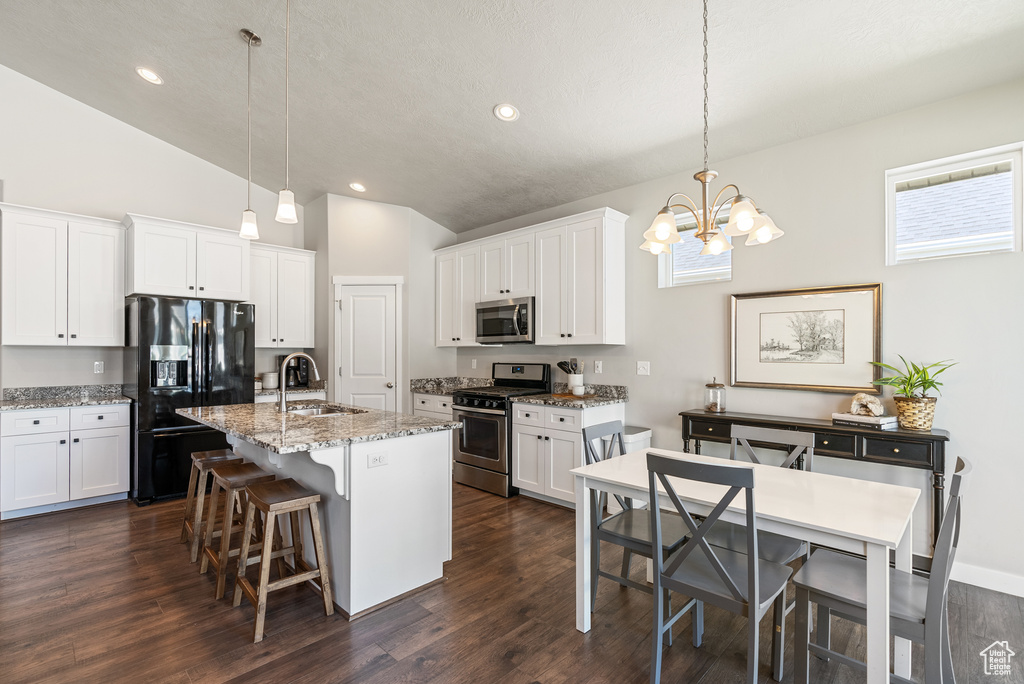 Kitchen featuring stainless steel appliances, a sink, vaulted ceiling, a chandelier, and dark wood finished floors