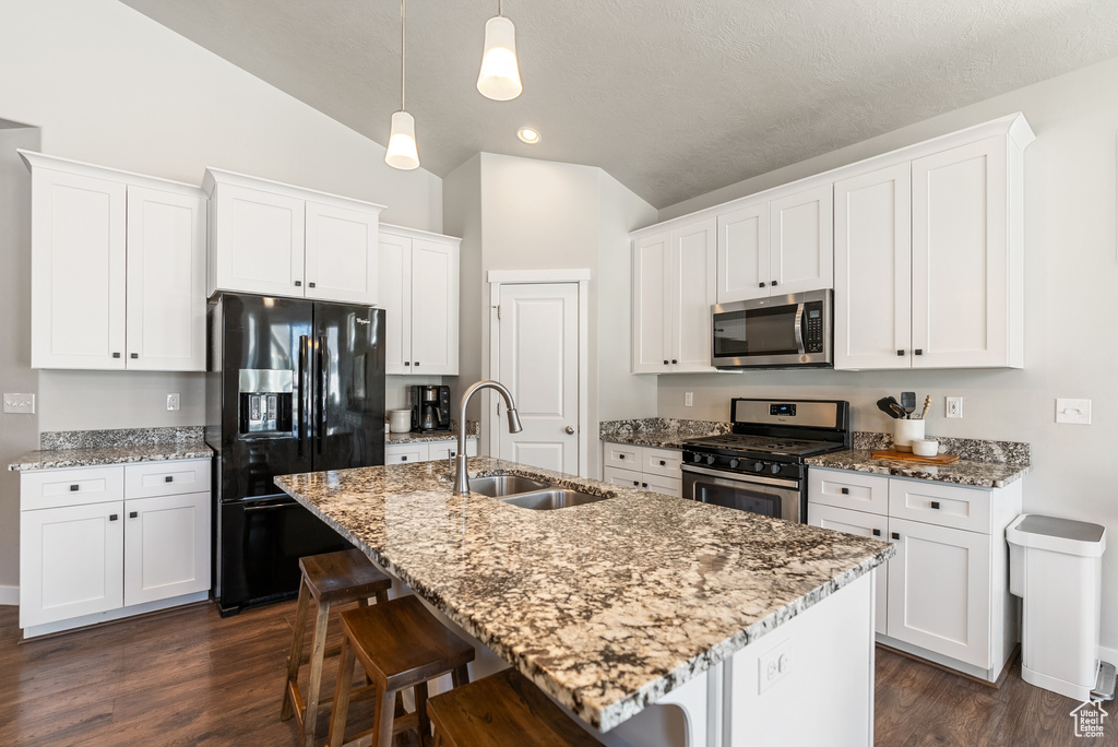 Kitchen featuring stainless steel appliances, a sink, dark wood-style floors, a kitchen breakfast bar, and vaulted ceiling
