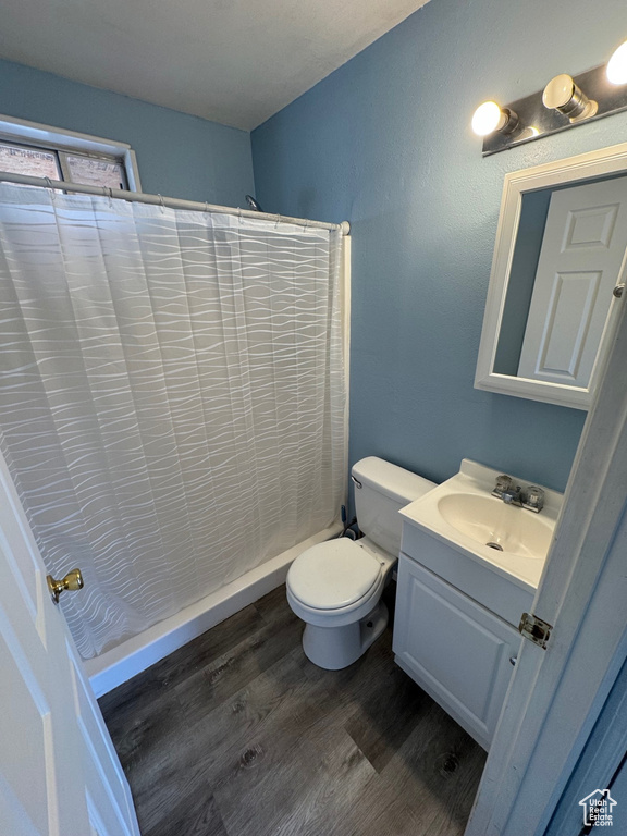 Bathroom featuring vanity, wood finished floors, a shower with shower curtain, and toilet
