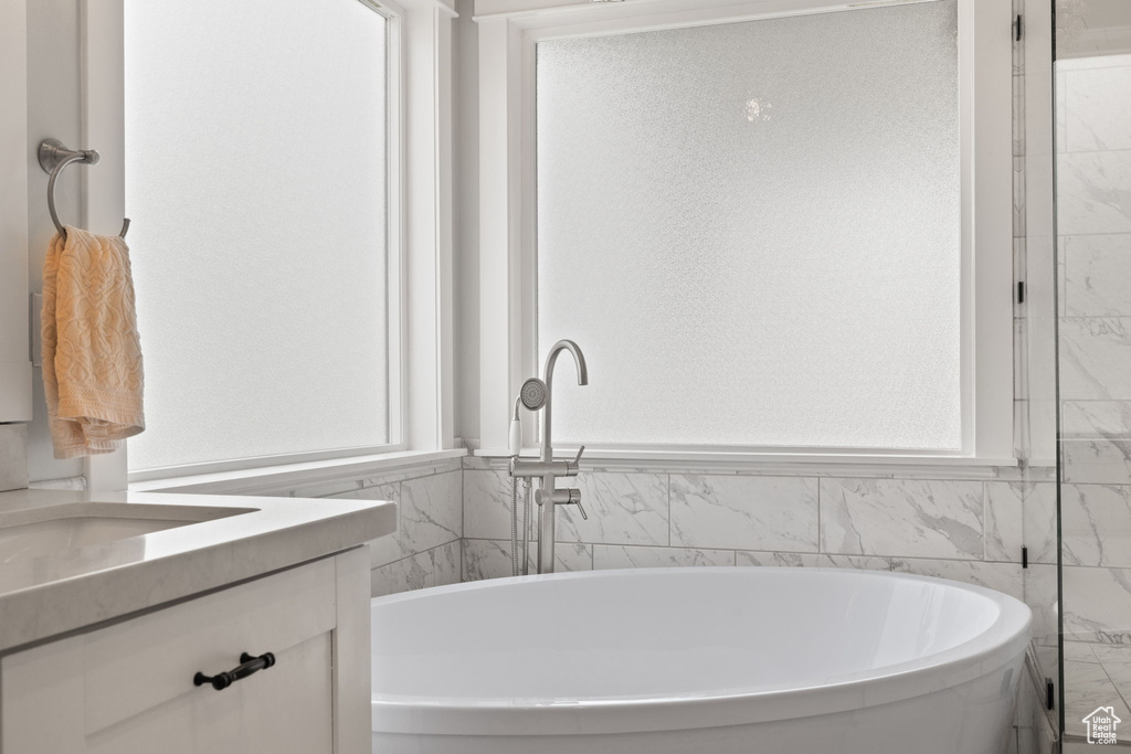 Full bathroom featuring a freestanding bath and vanity