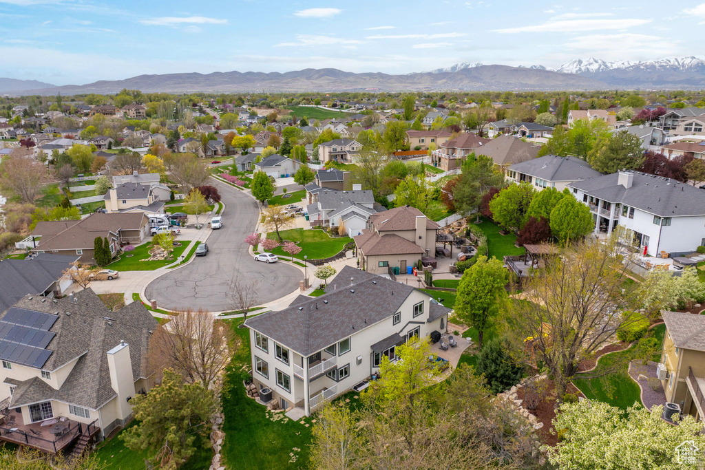 Aerial view featuring a mountain view and a residential view