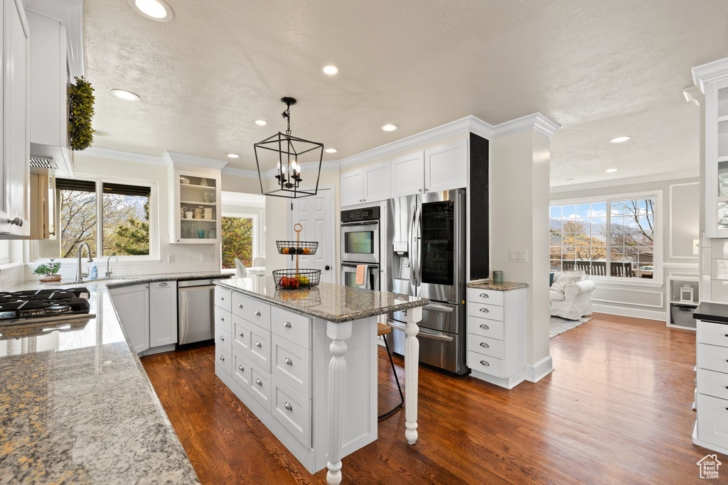 Kitchen featuring white cabinets, appliances with stainless steel finishes, dark wood-type flooring, and recessed lighting