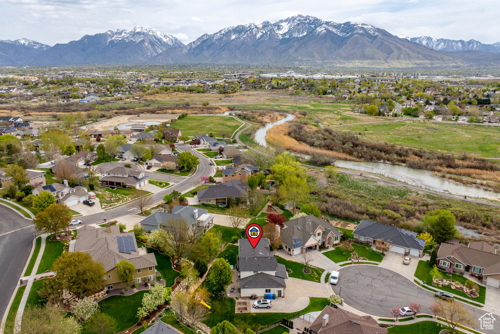 Aerial view featuring a mountain view and a residential view