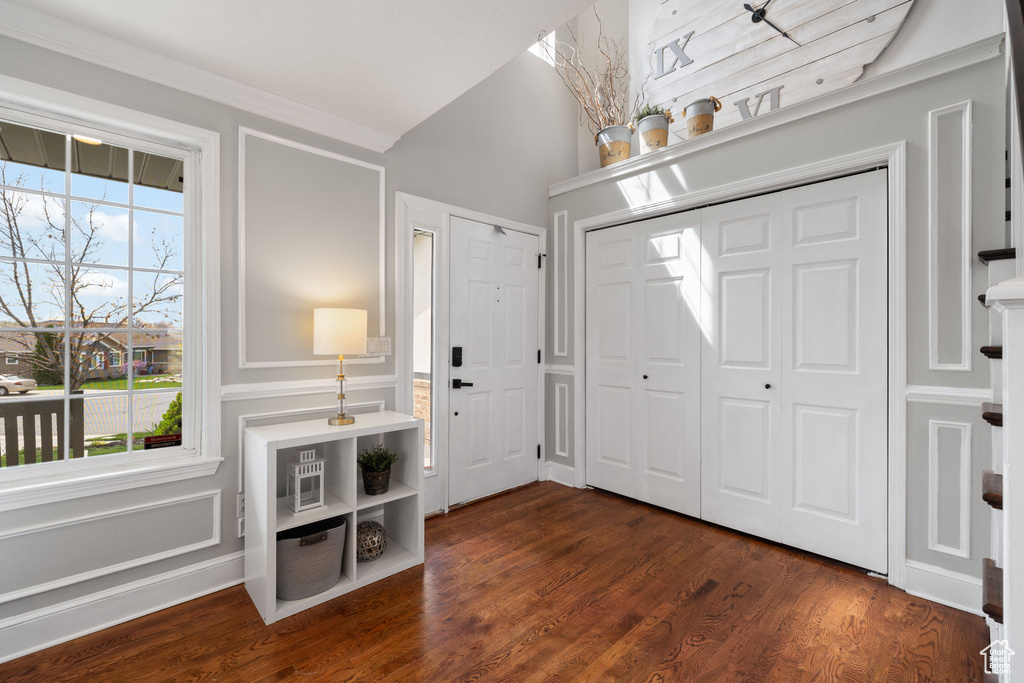 Foyer entrance with dark wood-style flooring, a healthy amount of sunlight, and crown molding