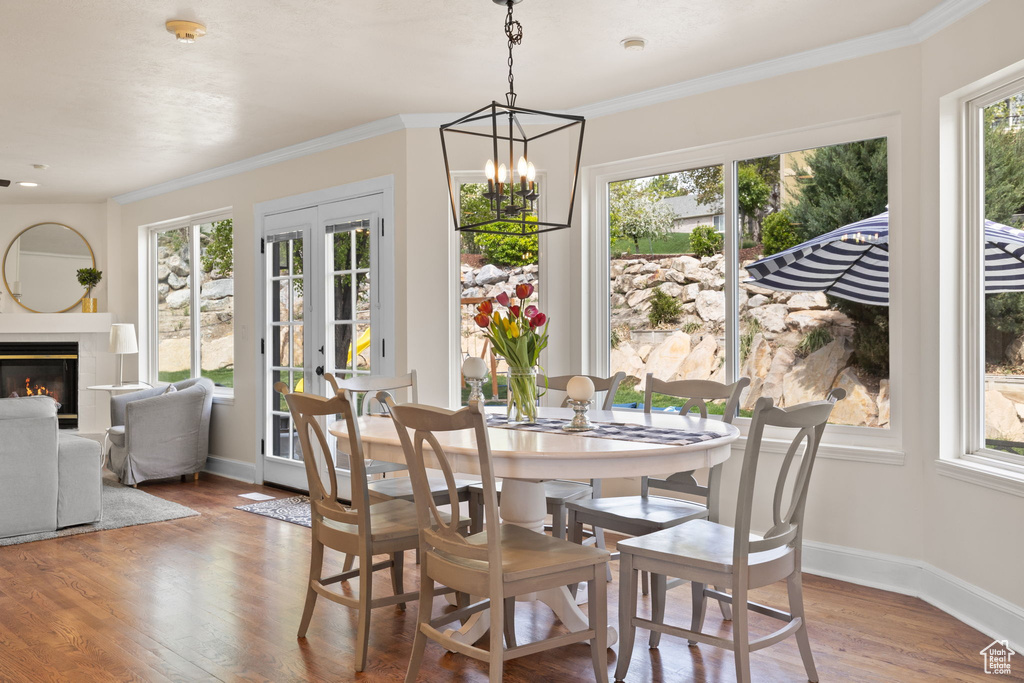Dining area with crown molding, wood finished floors, a glass covered fireplace, an inviting chandelier, and baseboards