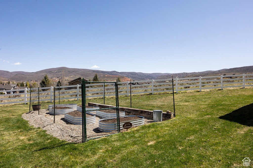 View of yard with a mountain view, a garden, and a view of countryside