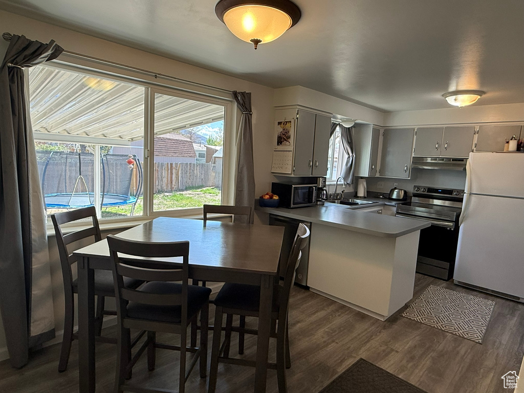 Kitchen featuring plenty of natural light, under cabinet range hood, a sink, a peninsula, and appliances with stainless steel finishes