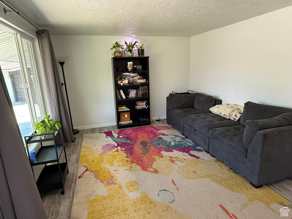 Living area with baseboards and a textured ceiling