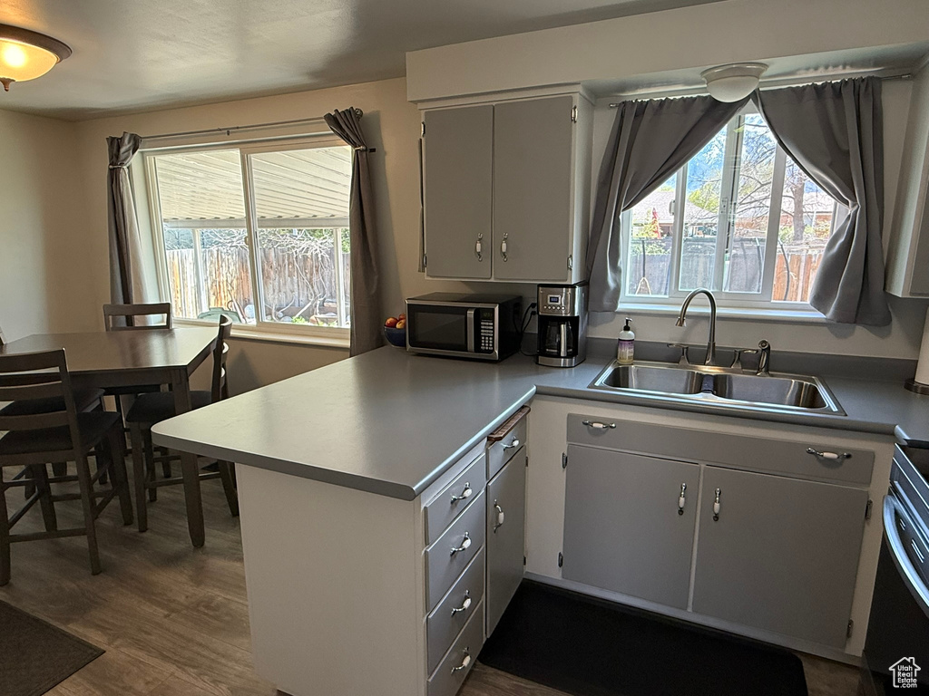 Kitchen with a peninsula, a sink, stainless steel microwave, stove, and dark wood-type flooring