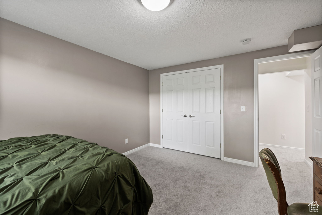 Carpeted bedroom with baseboards, a textured ceiling, and a closet