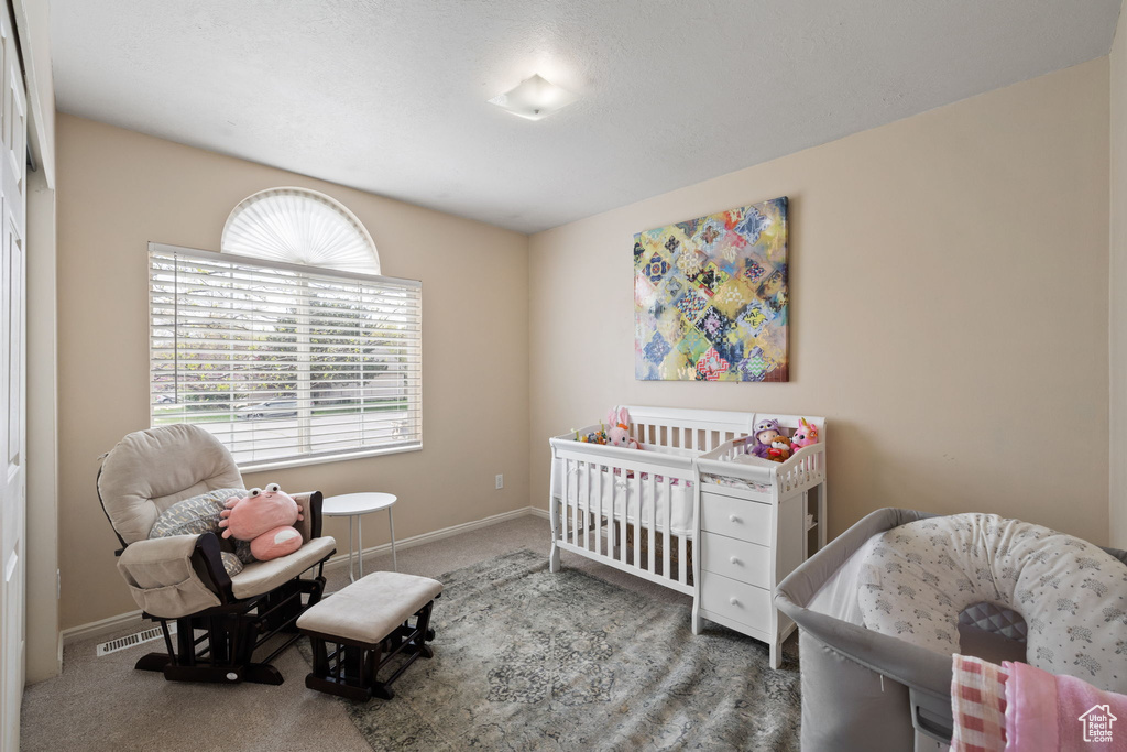 Bedroom featuring visible vents, carpet flooring, and baseboards