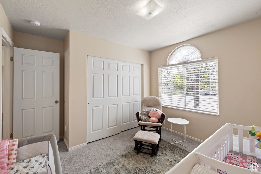Carpeted bedroom featuring a crib, baseboards, and a closet