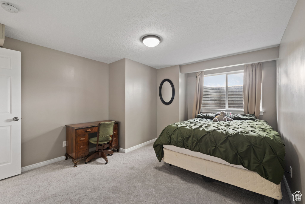 Carpeted bedroom with baseboards and a textured ceiling