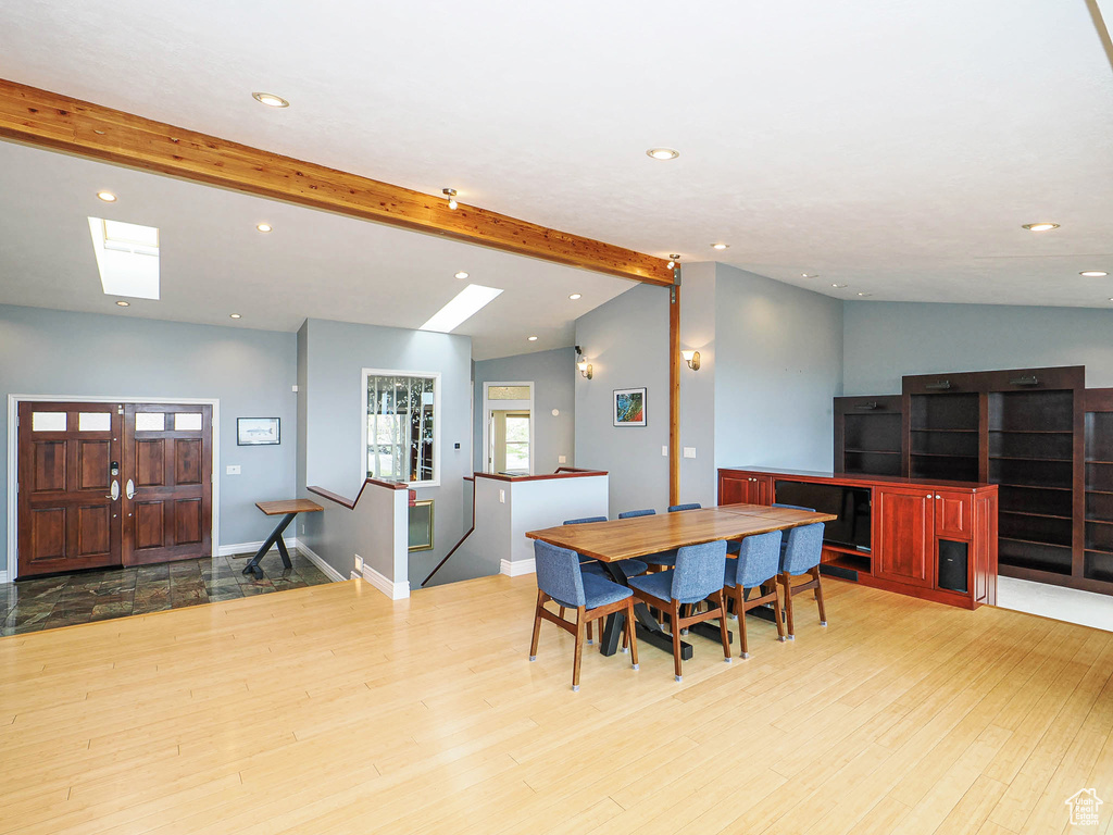Dining space with wood finished floors, recessed lighting, a skylight, and baseboards