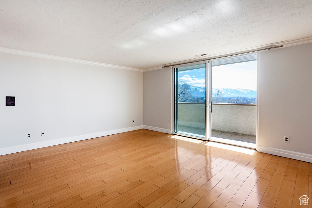 Unfurnished room with crown molding and light wood-type flooring
