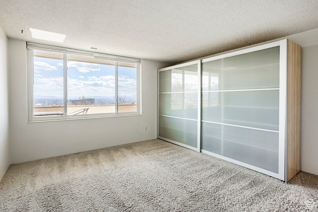 Unfurnished bedroom with carpet floors and a textured ceiling