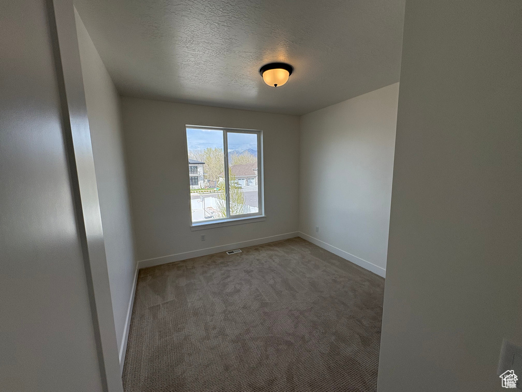 Carpeted empty room with a textured ceiling, baseboards, and visible vents