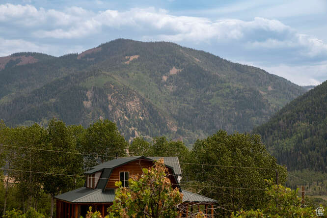 Property view of mountains featuring a wooded view