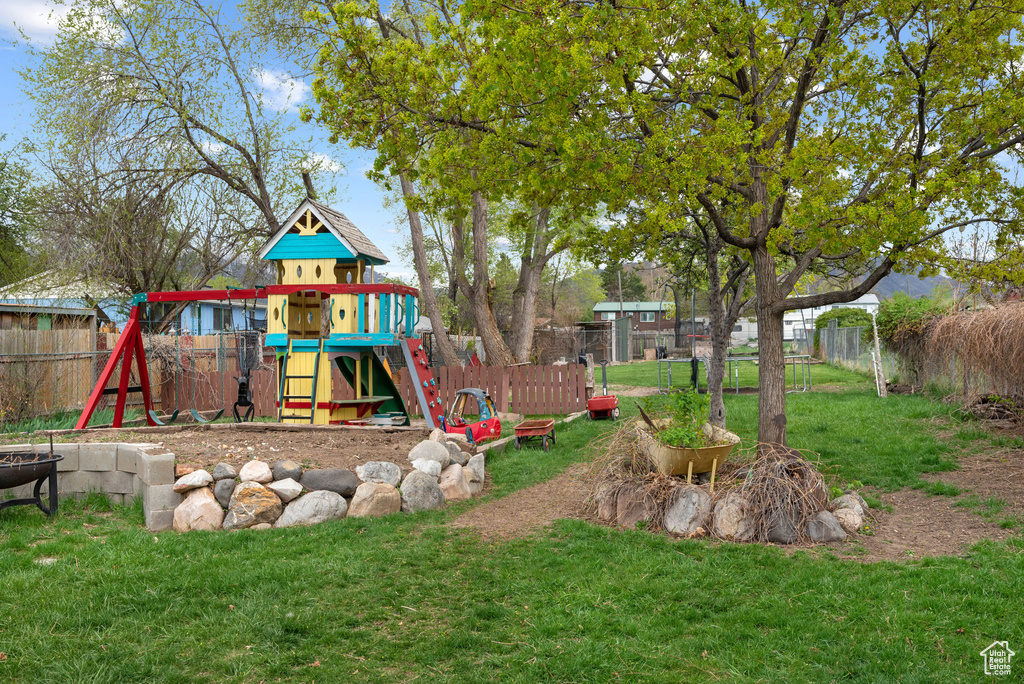 View of yard featuring a fenced backyard and a playground