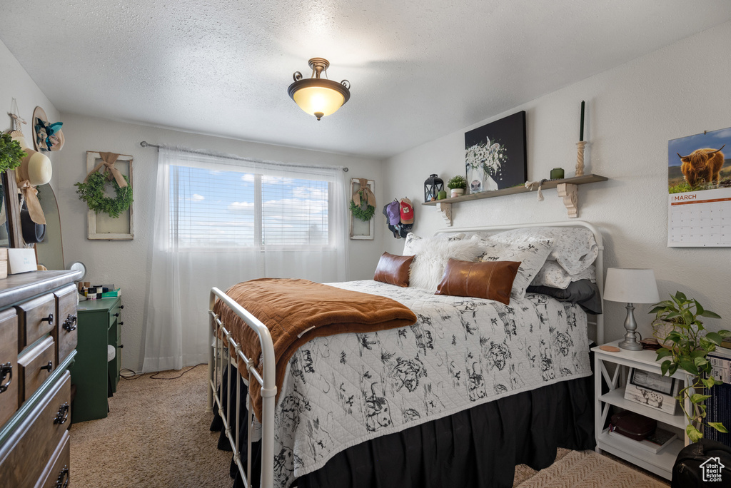 Bedroom with light carpet