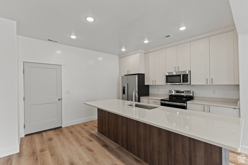 Kitchen with a sink, stainless steel appliances, a center island with sink, light wood-style flooring, and visible vents