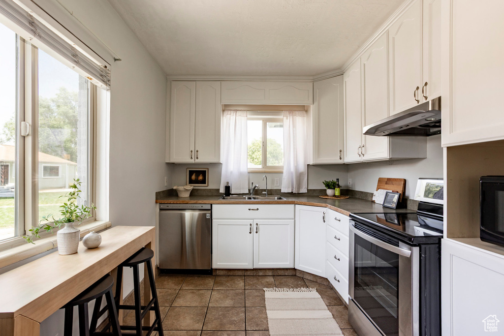 Kitchen featuring appliances with stainless steel finishes, under cabinet range hood, white cabinetry, dark countertops, and dark tile patterned flooring
