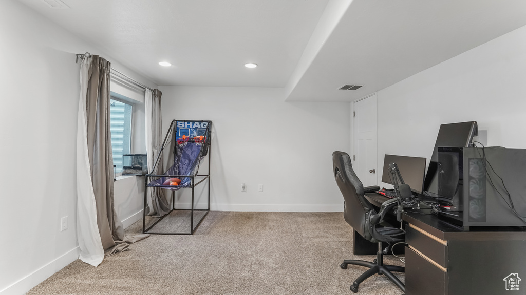Home office with recessed lighting, carpet floors, visible vents, and baseboards
