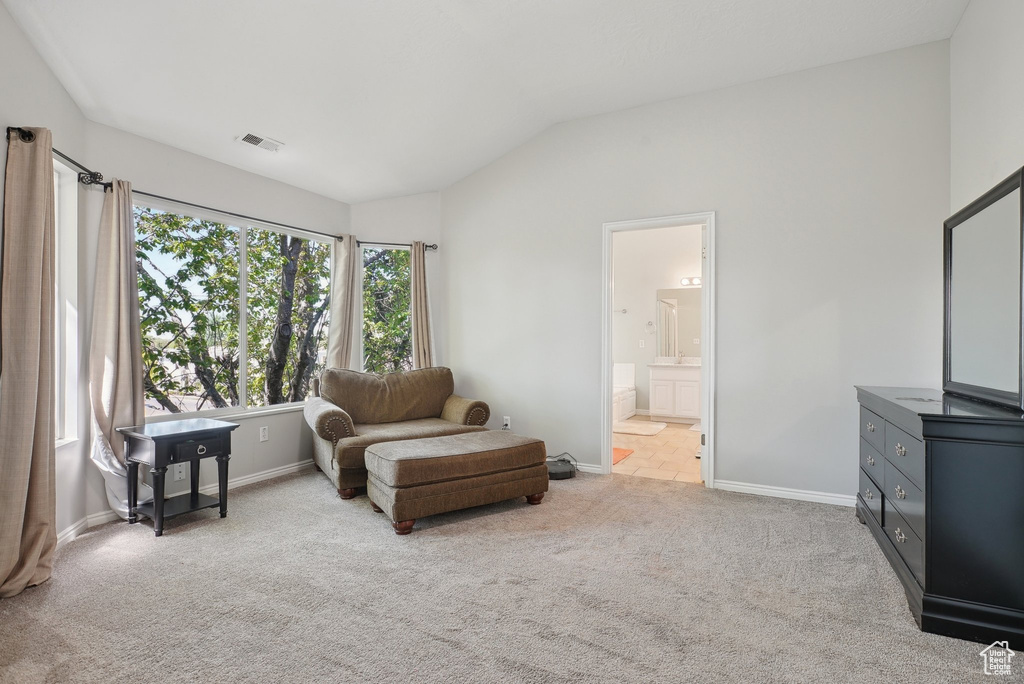 Living area with baseboards, visible vents, lofted ceiling, and carpet