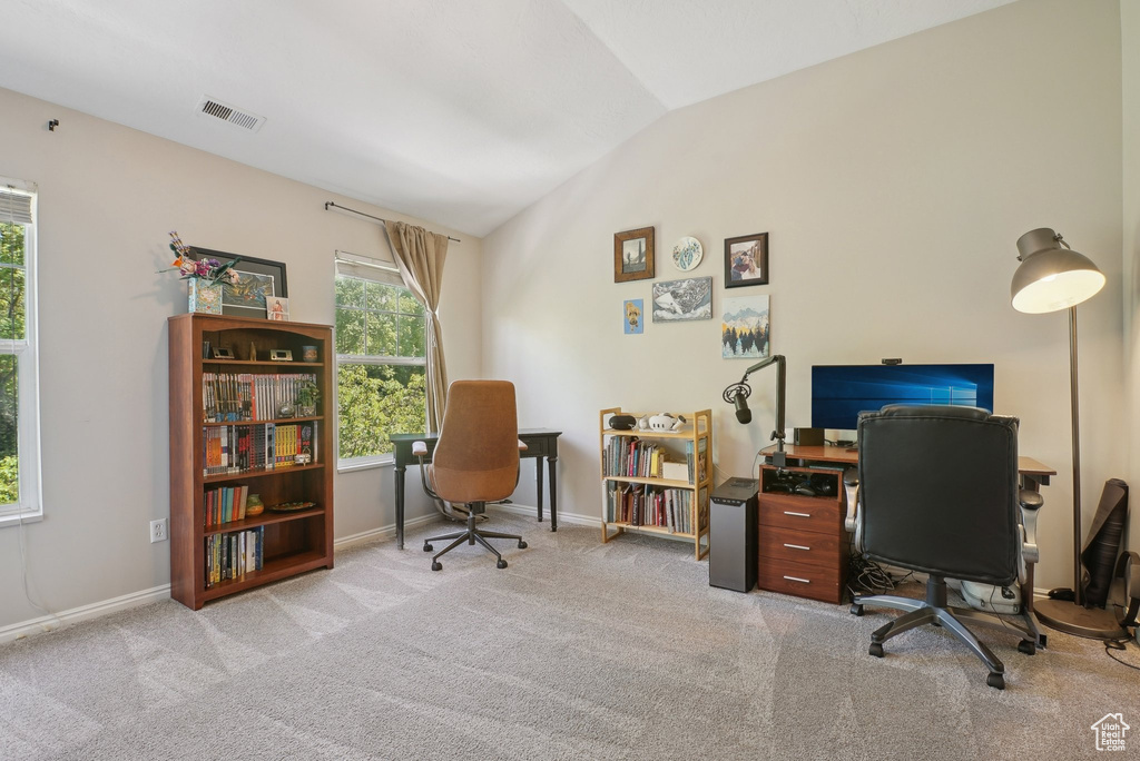 Office area with carpet floors, baseboards, lofted ceiling, and visible vents