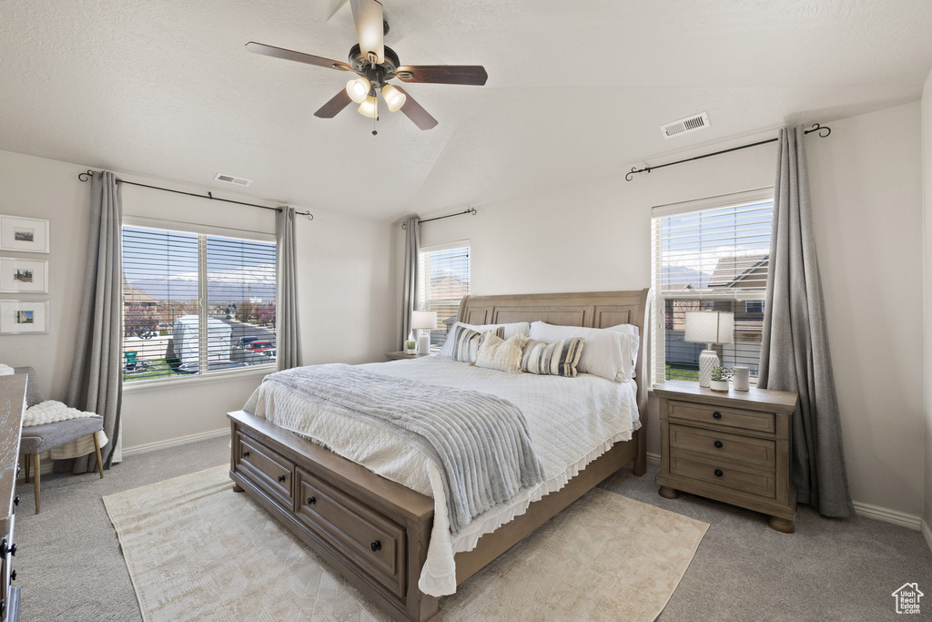 Bedroom featuring light carpet, multiple windows, and visible vents