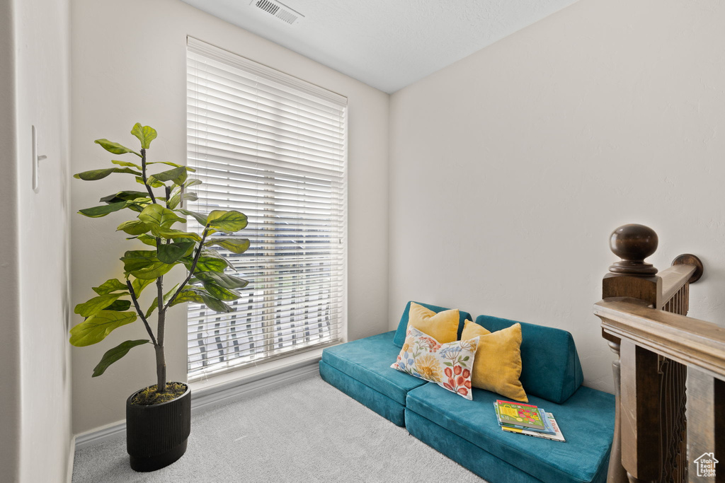 Living area featuring baseboards, carpet floors, visible vents, and plenty of natural light
