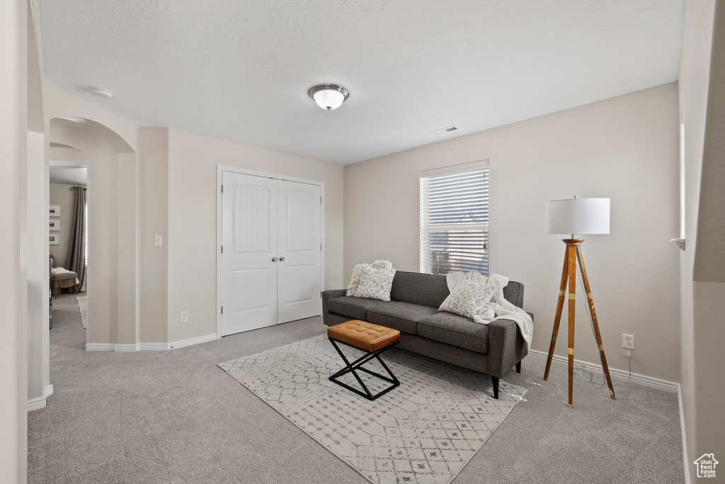 Carpeted living room with arched walkways, visible vents, and baseboards