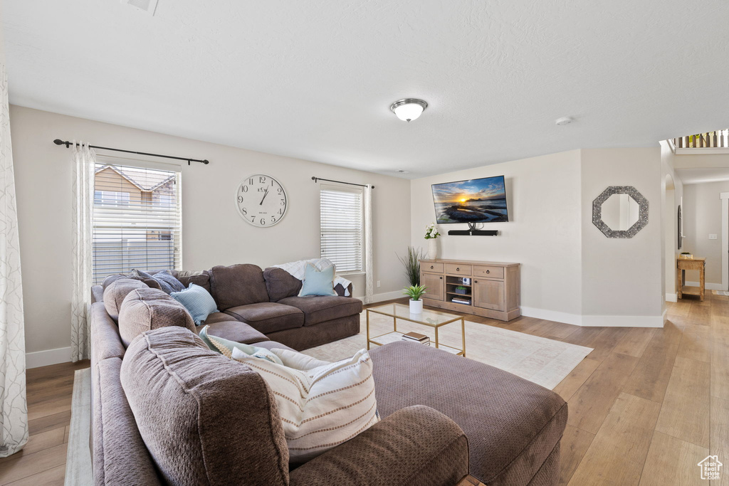 Living room with light wood-style flooring, a healthy amount of sunlight, and baseboards