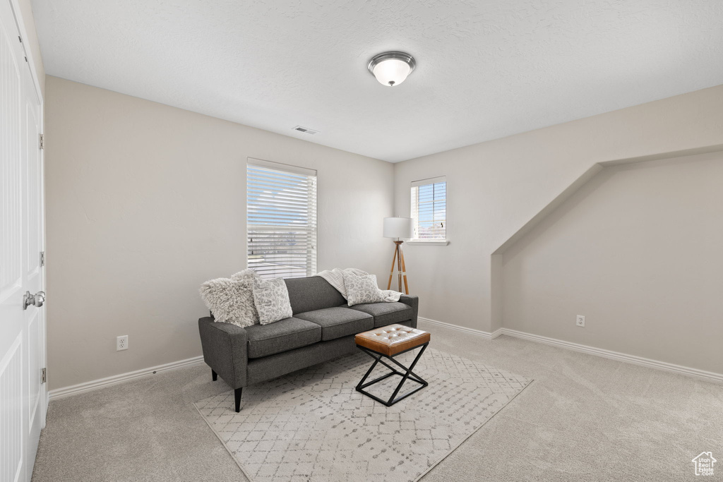 Living room with baseboards, visible vents, and light colored carpet