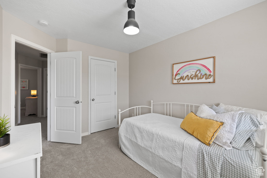 Carpeted bedroom with baseboards and visible vents